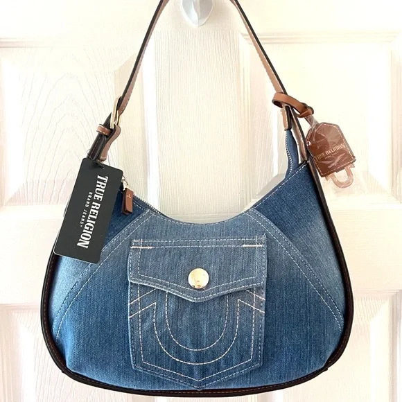 True Religion Denim/Leather Hobo Handbag Armpit Shoulder Bag Purse NWT - Picture 2 of 5